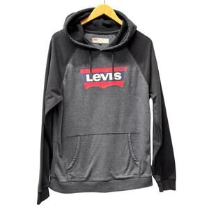 Levi's Hoodie Mens Medium Gray Black Red Logo Pullover Sweatshirt + Pockets